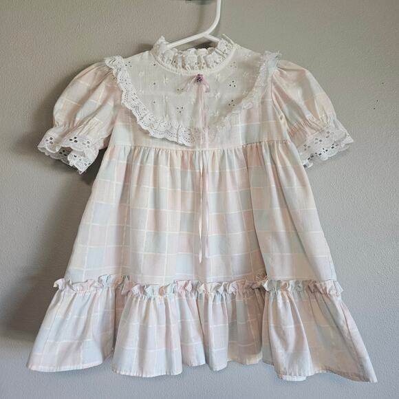 Vtg Sears Dress Girls 2T Pastel Plaid Lace Puff Sleeve Ruffle Easter Cottagecore - Picture 1 of 10